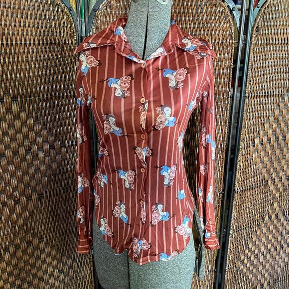 Size XS-S//Vintage 70s Novelty Print Dagger Collar Button Up - Picture 1 of 5
